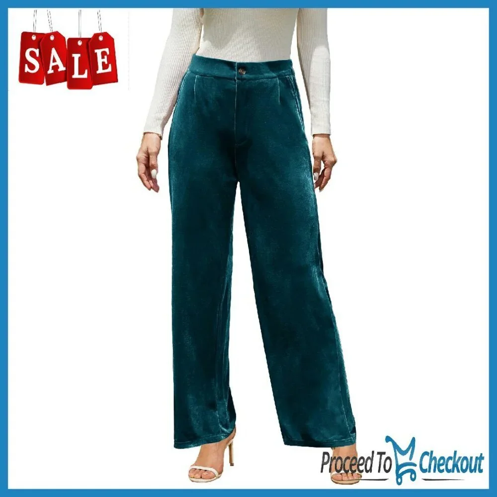 Stretchy Velvet Wide Leg Palazzo Pants High Waisted Dressy Casual - Picture 1 of 8